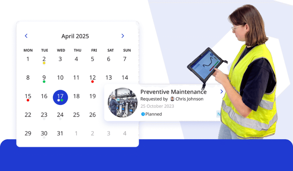A technician reviews a preventive maintenance checklist on a tablet, with a calendar view showing scheduled maintenance tasks and a planned audit highlighted for April 17, 2025.