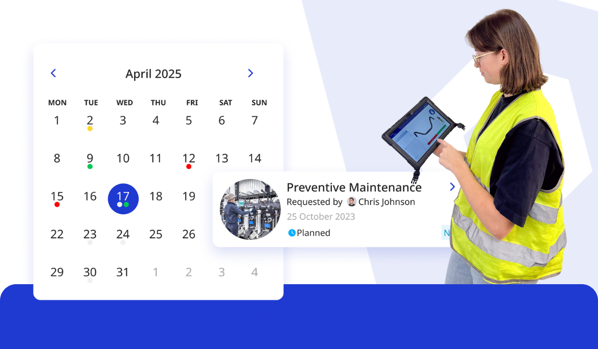 A technician reviews a preventive maintenance checklist on a tablet, with a calendar view showing scheduled maintenance tasks and a planned audit highlighted for April 17, 2025.
