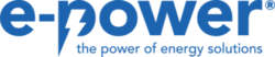 Logo of e-power, featuring the brand name in bold blue lowercase letters with a lightning bolt symbol integrated into the “p,” and the tagline “the power of energy solutions” beneath in smaller blue font.