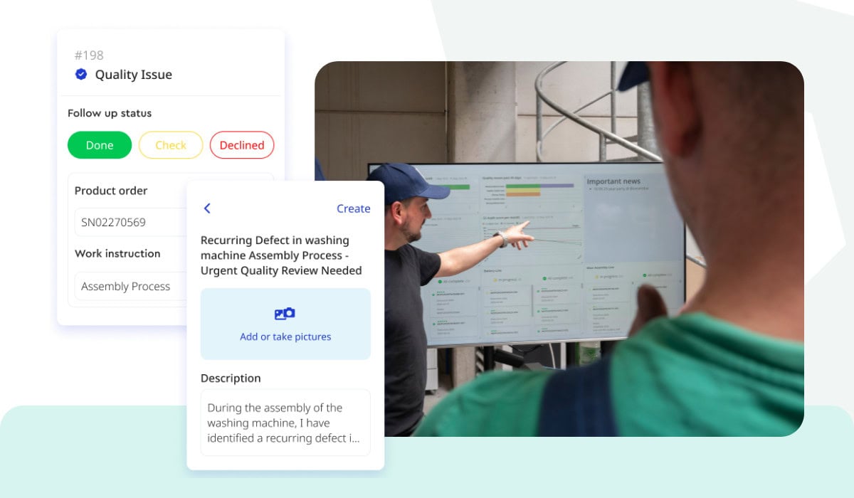 Composite image showing Azumuta’s quality issue reporting interface alongside a real-life shop floor meeting at e-power. On the right, a team leader points to a digital dashboard displaying KPIs and production data. On the left, interface mockups illustrate how quality issues can be flagged, documented with photos, and tracked through follow-up status indicators.