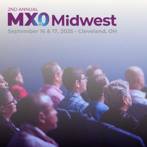 Audience members seated and facing forward at a conference, with text overlaid at the top reading "2nd Annual MX.0 Midwest, September 16 & 17, 2025 • Cleveland, OH" against a gradient blue-purple background.