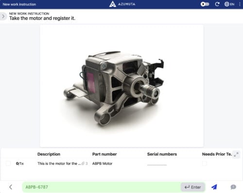 Digital work instruction interface showing a motor with part number A8PB and a prompt to register it, including an image, part description, and serial number entry.