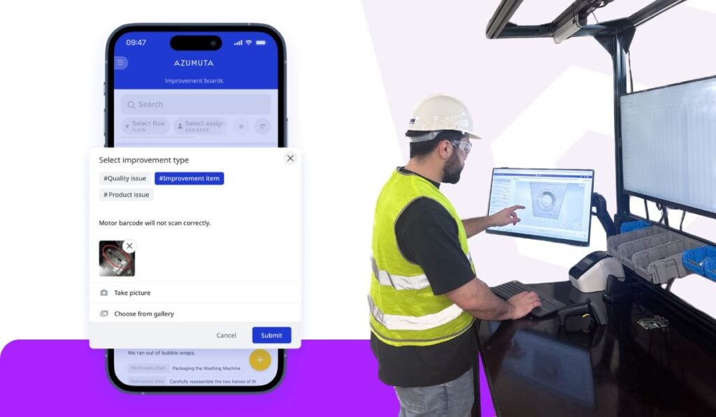 Worker in safety gear operates a computer at a workstation, while a smartphone screen shows the Azumuta app’s “Select improvement type” form for reporting a motor barcode scanning issue.