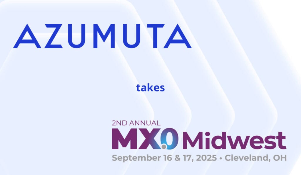 Promotional graphic announcing Azumuta’s participation in the 2nd Annual MX.0 Midwest event. The Azumuta logo appears at the top, the word “takes” is centered, and the event name and date—“2nd Annual MX.0 Midwest, September 16 & 17, 2025, Cleveland, OH”—are displayed at the bottom against a light geometric background.