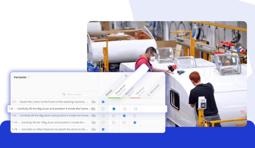 Two operators work on assembling a large white vehicle component in a factory. Overlaid on the image is a digital interface from Azumuta showing product variants and assembly steps, with checkboxes for selecting instructions based on different drum sizes (e.g., 8kg, 9kg, 10kg).
