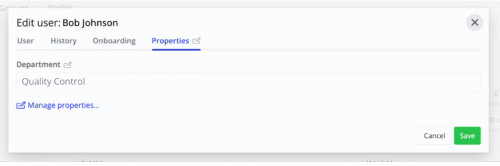 User profile editing window in Azumuta’s admin interface showing the “Properties” tab for Bob Johnson. The department field is set to “Quality Control,” with options to manage properties, cancel, or save changes.