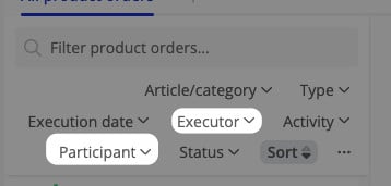Filter menu in a product orders dashboard with dropdown options visible, including Execution date, Executor, Participant, Article/category, Type, Activity, and Status, along with a Sort option.