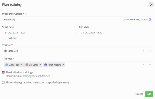 A screenshot from the Azumuta platform that shows the window to plan a training. There is a toggle option to plan individual trainings for each trainee, that toggle box is ticked. There is a toggle box that allos skipping required instruction steps during training, which isn't ticked.