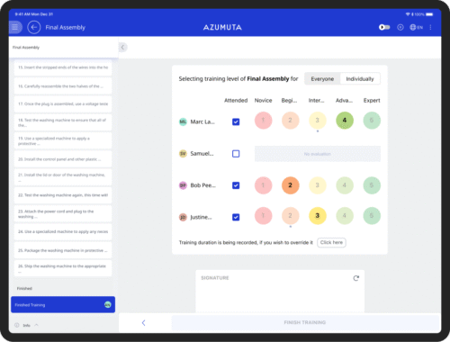 A screenshot of the Azumuta app showing the trainee scoring mechanism. After completing the training, there is a window to score the trainees. There is a toggle to tick everyone or individually. The toggle individually is ticked. 