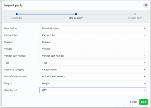 Screenshot of the “Import parts” interface in Azumuta. The modal is at the “Map columns” step of the import process, showing mapped fields like Description, Part number, Revision, Vendor, Vendor part number, Tags, Resource category, Unit of measurement, Weight, and Quantity. Each field is matched to corresponding column names from the uploaded file. A progress bar at the top indicates three steps: Upload file, Map columns, and Inspect parts. “Next” and “Cancel” buttons are at the bottom right.