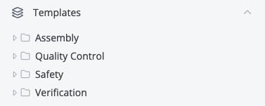 “Sidebar view showing the Templates section in Azumuta, with folders for Assembly, Quality Control, Safety, and Verification.”