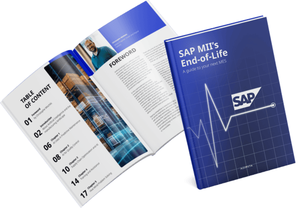 An open book titled "SAP MII's End-of-Life" showcasing manufacturing execution system strategies and SAP integration.