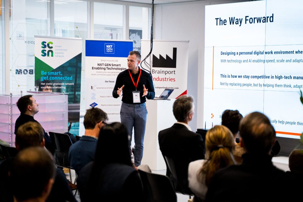 A professional presentation at a tech conference showcasing digital work solutions by Azumuta.com, emphasizing high-tech industry advancements and digital transformation.